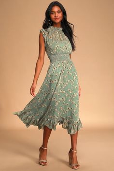 Pretty Midi Dresses, Mock Neck Midi Dress, Dress Sage Green, Sage Green Floral, Dress Sage, Midi Dress Formal, Boho Midi Dress, Green Floral Print, Closet Inspiration