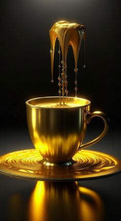 liquid pouring out of a golden cup into a gold saucer on a black background