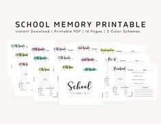 the back to school memory printables are shown in different colors and font styles