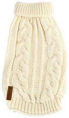 a white knitted dog sweater with a brown tag on the front and back side