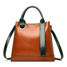 Color: Brown+Green Elegant Single Handle Travel Bag, Elegant Green Top Handle Bucket Bag, Brown Single Handle Bucket Bag, Chic Bucket Satchel With Single Handle, Chic Single Handle Bucket Satchel, Chic Brown Satchel With Single Handle, Elegant Green Bucket Bag With Large Capacity, Elegant Green Bucket Bag With Adjustable Strap, Elegant Green Large Capacity Bucket Bag