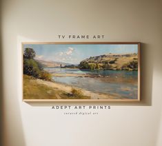 a painting hanging on the wall next to a white wall with words above it that read tv frame art