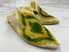 Handmade Slippers for Women Number: Us-9 Eu-39 İnside Material: Genuine Leather Upper material: Silk Velvet İkat Sole: Genuine Hard Leather Worldwide Shipping via UPS or FEDEX Green Closed Toe Slip-ons For Spring, Green Closed Toe Slip-ons For Summer, Yellow Flat Casual Mules, Yellow Flat Heel Loafers For Summer, Summer Yellow Loafers With Flat Heel, Yellow Summer Loafers With Flat Heel, Yellow Closed Toe Loafers For Summer, Yellow Slip-on Summer Loafers, Yellow Slip-on Closed Toe Loafers