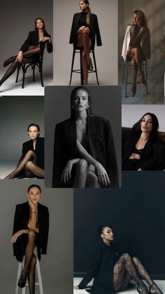 many different pictures of women sitting on chairs and posing for the camera, with their legs crossed