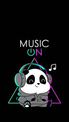 a panda bear wearing headphones and listening to music with the words music on above it