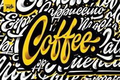 the words coffee are written in different colors and styles, including black, yellow, and white