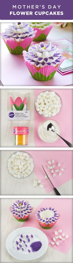 the instructions to make flower cupcakes for mother's day are shown here