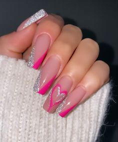 Vacation Nails Heart, Nails Pink Long Square, V Tip Nail Designs, Pink Nails Ideas Coffin, Pink V Nails, Yellow And Pink Acrylic Nails, Simple Pink Nail Designs Short, V Design Nails, Pink Arclyc Nail