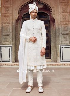 Luxurious Cream Silk Embroidered Sherwani With Dupatta...