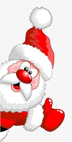 a cartoon santa claus is smiling and waving his arms in front of an empty white background