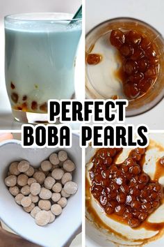 A collage of photos showing how to assemble tapioca pearls and boba tea at home. How To Make Boba Pearls Video, Boba Tea Pearls Recipe, How To Make Boba Pearls Without Tapioca, Make Boba Pearls, Homemade Boba Pearls, Home Made Boba Tapioca Pearls, Tapioca Boba Pearls, Cold Drinks Recipes, Boba Pearls