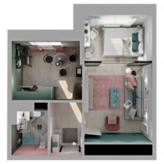 the floor plan of a small apartment with one bedroom, two bathrooms and an attached living room