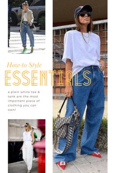 an article about how to style essentials with pictures of women in jeans and heels