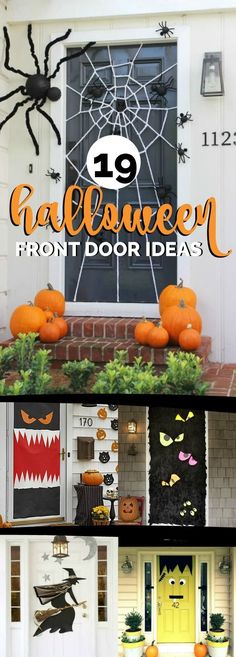 the front door decorated for halloween with pumpkins and spider decorations on it, and an image