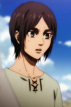 an anime character with black hair and brown eyes looks at the camera while standing in front of a cloudy blue sky