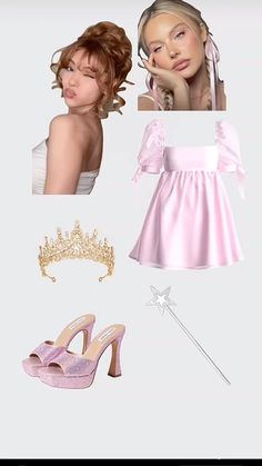 a woman in pink dress and tiara next to shoes