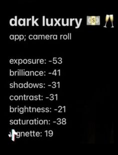 the menu for dark luxury app camera roll