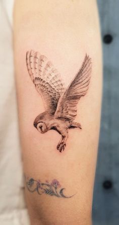 an owl tattoo on the arm