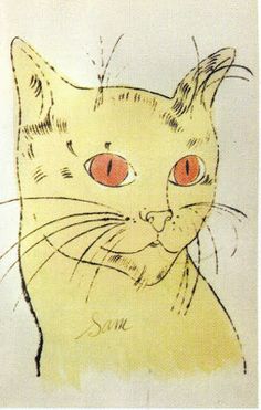 a drawing of a yellow cat with red eyes