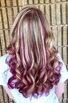 Red Hair With Blonde And Purple Highlights, Red Purple Hair With Blonde Highlights, Multi Colored Hair Highlights Blondes, Blonde With Magenta Highlights, Strawberry Blonde Hair With Purple, Elumen Hair Color Ideas, Fall Hair Colors Purple, Tri Color Hair Ideas, Blonde Hair With Color Peekaboos Summer