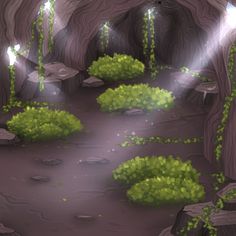 an illustration of a cave with green plants growing out of the ground and light coming from above