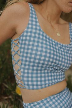 Blue and White Gingham Modest Bikini Top | Geode Swimwear Summer Swimwear With Built-in Bra And Tank Straps, Spring Sleeveless Bra-friendly Tankini, Fitted Beach Swimwear With Tank Straps, Fitted Tank Strap Swimwear For Beach, Summer Square Neck Top With Built-in Bra, Summer Scoop Neck Tankini With Adjustable Straps, Spring Fitted Tankini With Adjustable Straps, Summer Poolside Swimwear With Tank Straps, Summer Tankini With Adjustable Straps And Scoop Neck