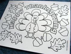 a turkey coloring page with the words happy thanksgiving written in large letters and leaves around it