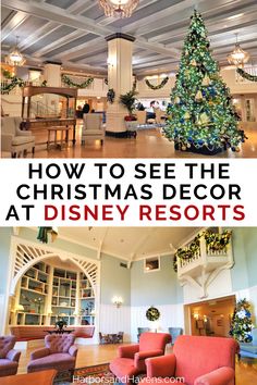 Top photo shows a hotel lobby with a Christmas tree decorated with yachts. Bottom photo shows a hotel seating area with red chairs and blue walls with Christmas decorations. A text overlay in the center reads: How to see the Christmas decor at Disney resorts. Hotel Hopping At Disney, Disney World Christmas Decorations, Disney Resort Hopping Christmas, Disney Resort Window Decorations Christmas, Disney For Christmas, Disney November, Themed Christmas Decorations, Best Disney World Resorts, Disney Christmas Vacation