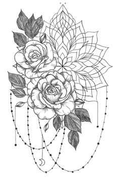 a black and white drawing of three roses on a string, with leaves around it