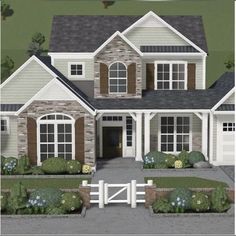 this is an artist's rendering of the front of a house with white trim and brown shutters