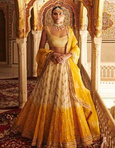 Itrh-Yellow Ombre Mukesh Embroidered Lehenga Set-INDIASPOPUP.COM Brocade Dupatta, Embroidery Aesthetic, Royal Couture, Orang India, Chikankari Lehenga, Haldi Outfits, Yellow Lehenga, Party Wear Lehenga Choli, Yellow Ombre