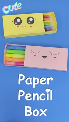 the paper pencil box is filled with colored crayons and has eyes drawn on it