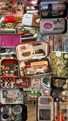 many different tins are stacked on top of each other in this collage photo