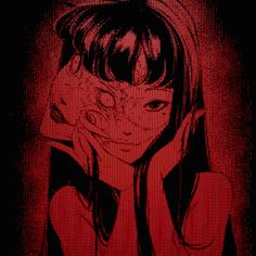 a girl with her hand on her face in front of a black and red background