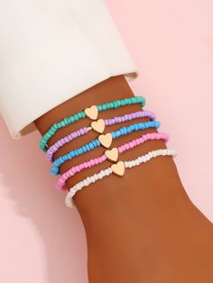 5pcs/Set Bohemian Versatile Heartshaped Colorful Glass Bead Bracelet Set For Women Multicolor Fashionable   Glass     Women Fashion Jewelry, size features are:Bust: ,Length: ,Sleeve Length: Preppy Bracelets, Best Friend Bracelets, Bracelet Sets, Bracelets Design, Stil Boho, Diy Bracelet Designs, Friend Bracelets, Beads Bracelet Design, Jewelry Accessories Ideas