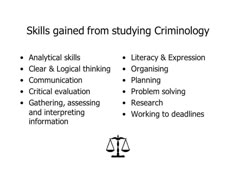 a white poster with words describing skills for studying criminology and other related items