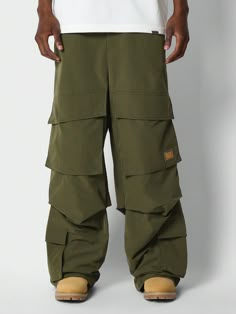 Parachute Baggy Cargo Pant Army Green Casual   Woven Fabric Plain Flare Leg Slight Stretch  Men Clothing, size features are:Bust: ,Length: ,Sleeve Length: Military Style Full-length Khaki Parachute Pants, Military Style Parachute Pants With Hip Pockets For Outdoor, Khaki Baggy Military Parachute Pants, Military Parachute Pants With Multiple Pockets For Outdoor, Jean Pocket Detail, Military Parachute Pants With Cargo Pockets For Outdoor, Baggy Cargo Pants, Pants Outfit Men, Tactical Clothing