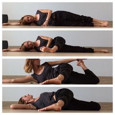 a woman laying on the floor with her legs spread out and one leg up in the air