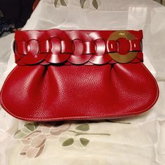 Unique Design. Brand New, Never Used. Guarantee Authentic . Still Smell New Leather. Come With Dust Bag And Tag, Card, No Box. Kindly Offers Are Appreciated. Thank You Chic Red Evening Bag With Gold-tone Hardware, Chic Red Clutch With Detachable Handle, Luxury Red Clutch With Gold-tone Hardware, Chic Red Clutch With Gold-tone Hardware, Red Leather Evening Bag For Party, Modern Red Leather Clutch, Elegant Red Clutch With Gold-tone Hardware, Red Leather Clutch For Party, Red Clutch With Gold-tone Hardware For Evening