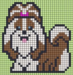 a cross stitch pattern with a brown and white dog wearing a pink bow on it's head