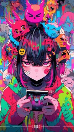 an anime character holding a cell phone in front of her face and surrounded by cats