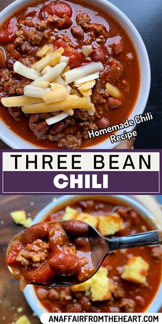 three bean chili with cheese in a white bowl on top and an image of a spoon full of chili