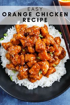 the orange chicken is served over rice with chopsticks and an orange in the background