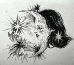 a black and white drawing of a woman with stars in her hair