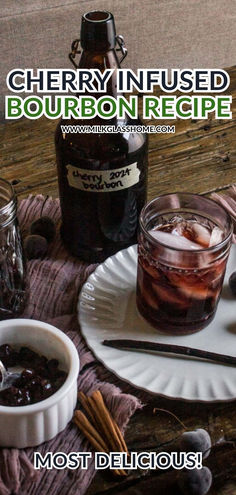 there is a bottle of booze next to a bowl of ice and spoons