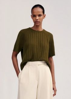 Merino Cashmere Crop Rib Tee Deep Autumn Olive Crew Neck T-shirt With Ribbed Neckline For Work, Relaxed Fit Workwear Top With Ribbed Neckline, Classic Relaxed Fit Short Sleeve Knit Top, Classic Short Sleeve Knit Top With Relaxed Fit, Modern Green Short Sleeve Top, Classic Crew Neck Knit Top With Relaxed Fit, Classic Relaxed Fit Crew Neck Knit Top, Modern Green Tops For Fall, Modern Green Top For Fall