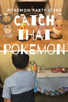 a young boy playing with pokemon party decorations