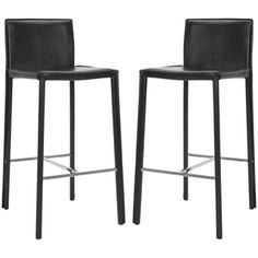 two black leather bar stools with metal legs and backrests, side by side