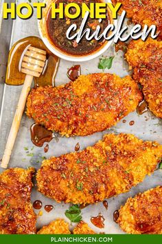 chicken cutlets on a baking sheet with sauce in the background and text overlay that reads, how to make hot honey chicken