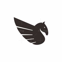 a black and white image of a horse's head with wings in the shape of a bird